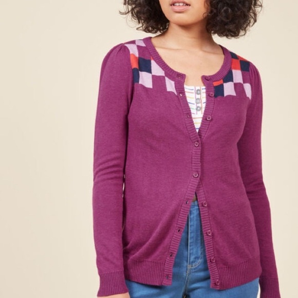 ModCloth Chicly Checkered Intarsia Cardigan Small - Picture 2 of 9